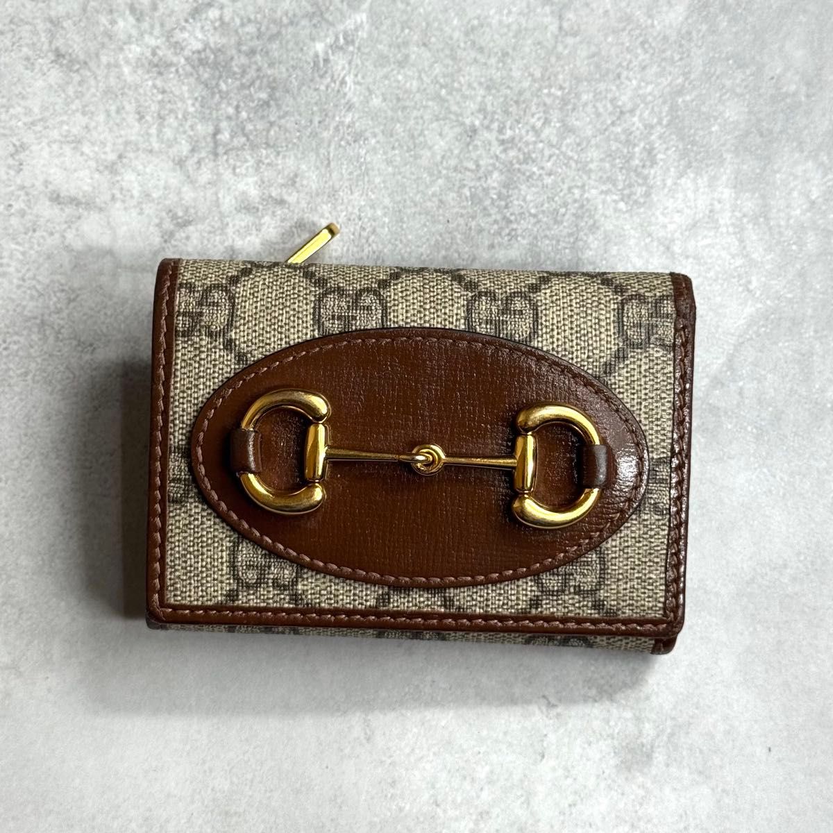 GUCCI グッチ / ホースビットコンパクトウォレット 三つ折り財布 ミニ財布 レザー GGスプリーム ブラウン ゴールド